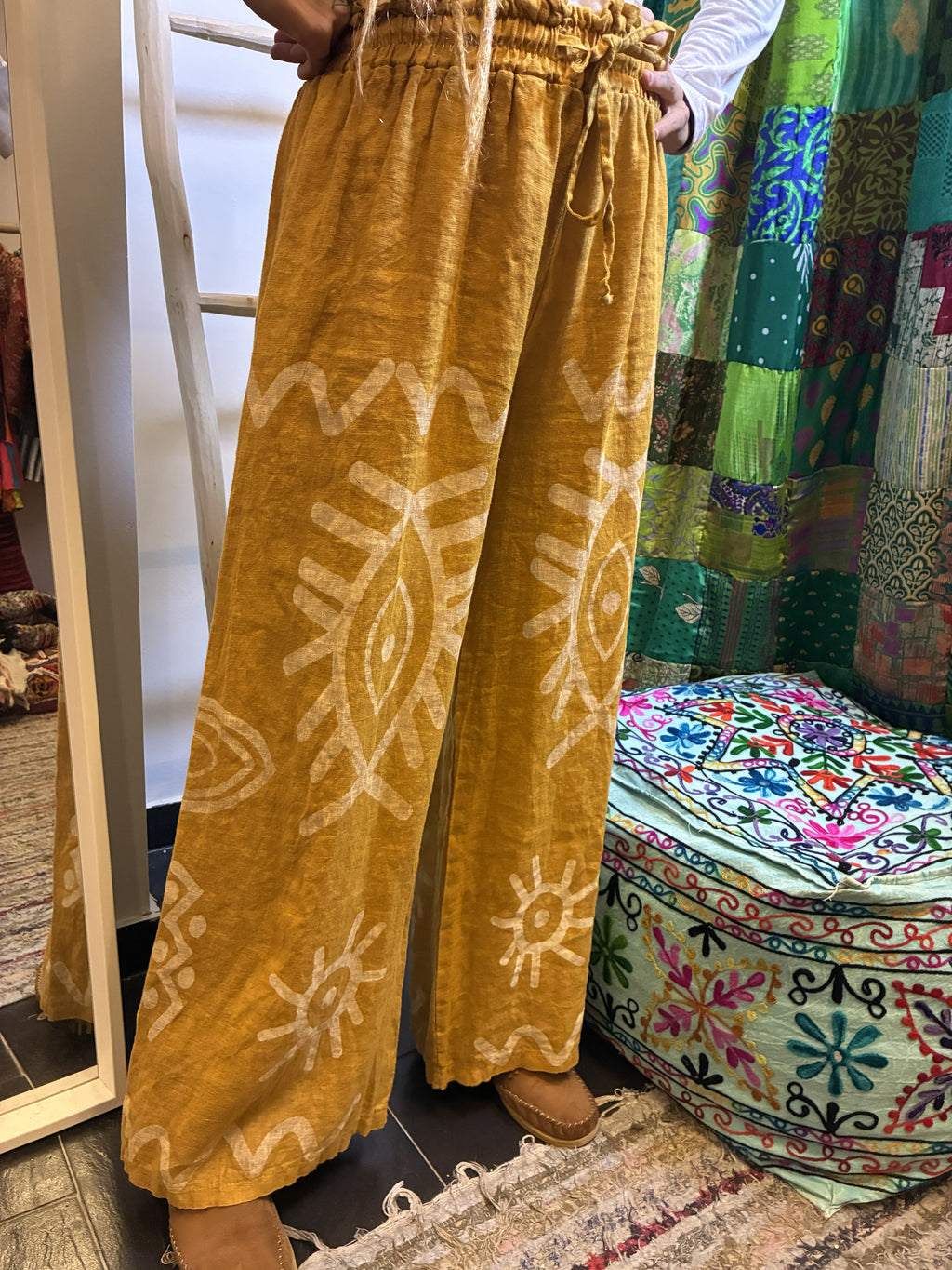 Pantalón Palazzo de Lino Tribal Mostaza