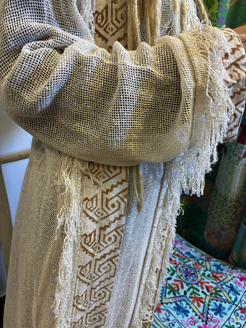 Kimono Largo Boho Block Print Crudo