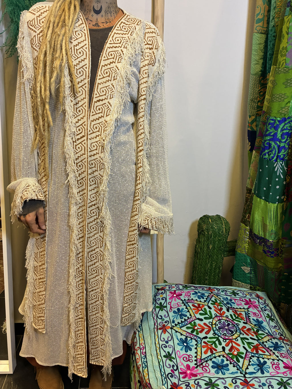 Kimono Largo Boho Block Print Crudo