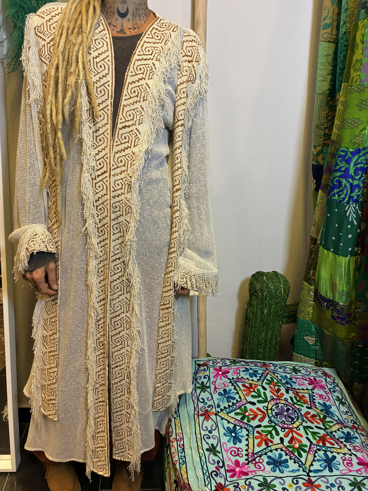 Kimono Largo Boho Block Print Crudo