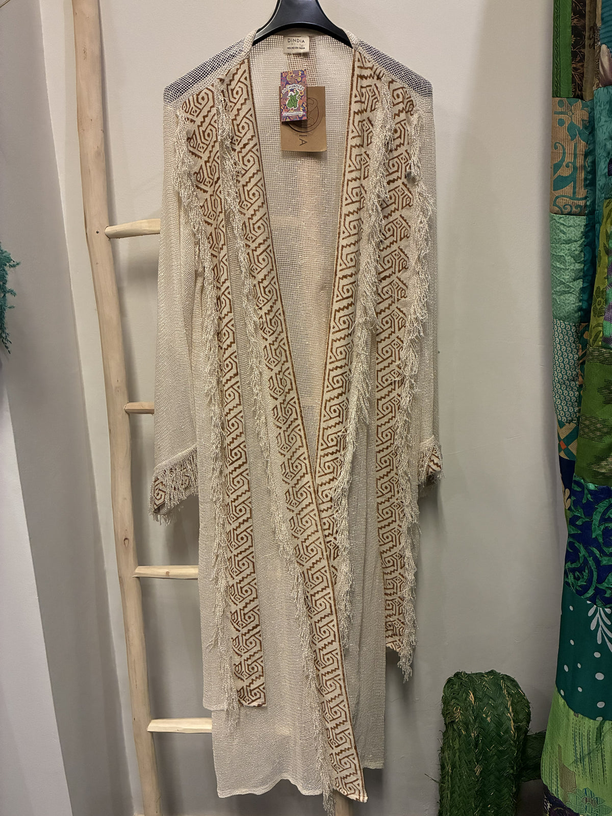 Kimono Largo Boho Block Print Crudo