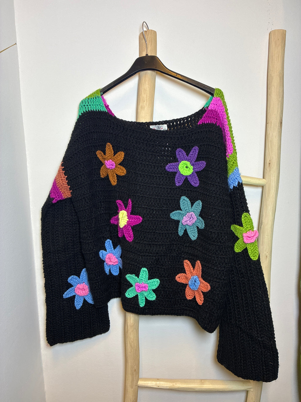 Jersey Crochet Flores Black