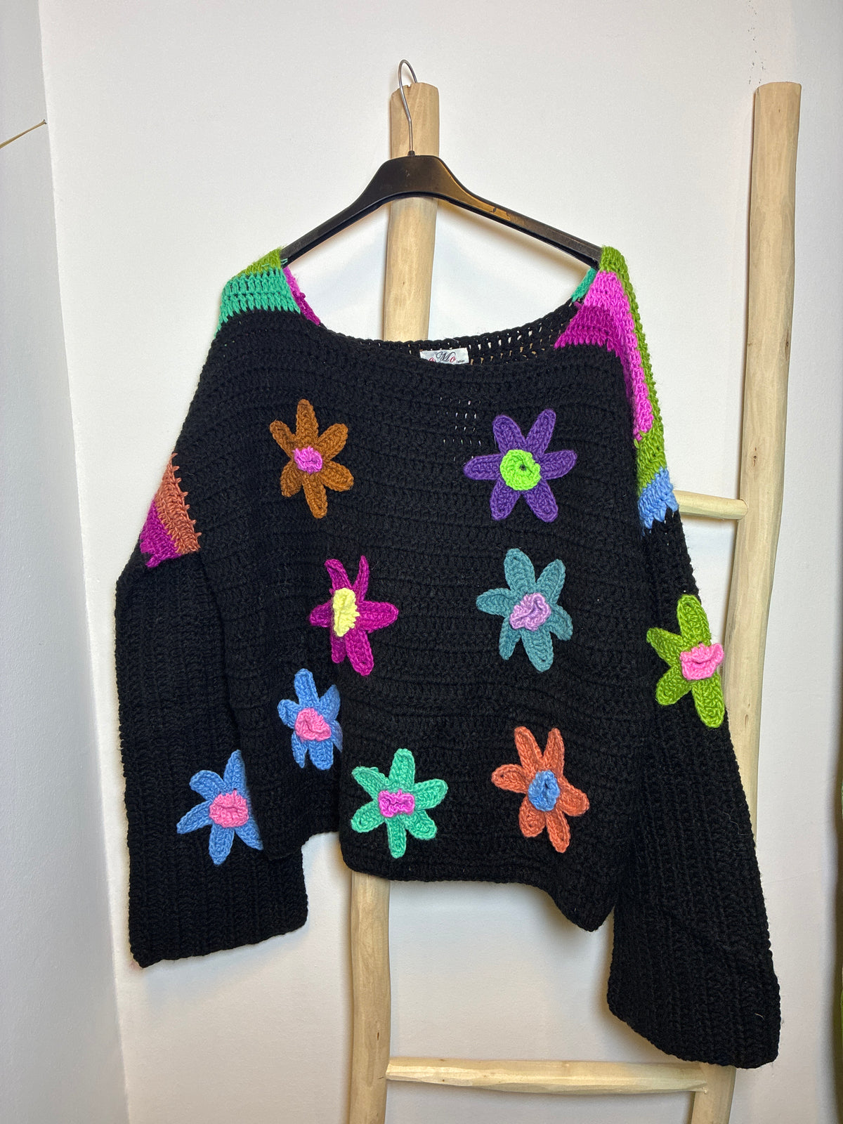 Jersey Crochet Flores Black