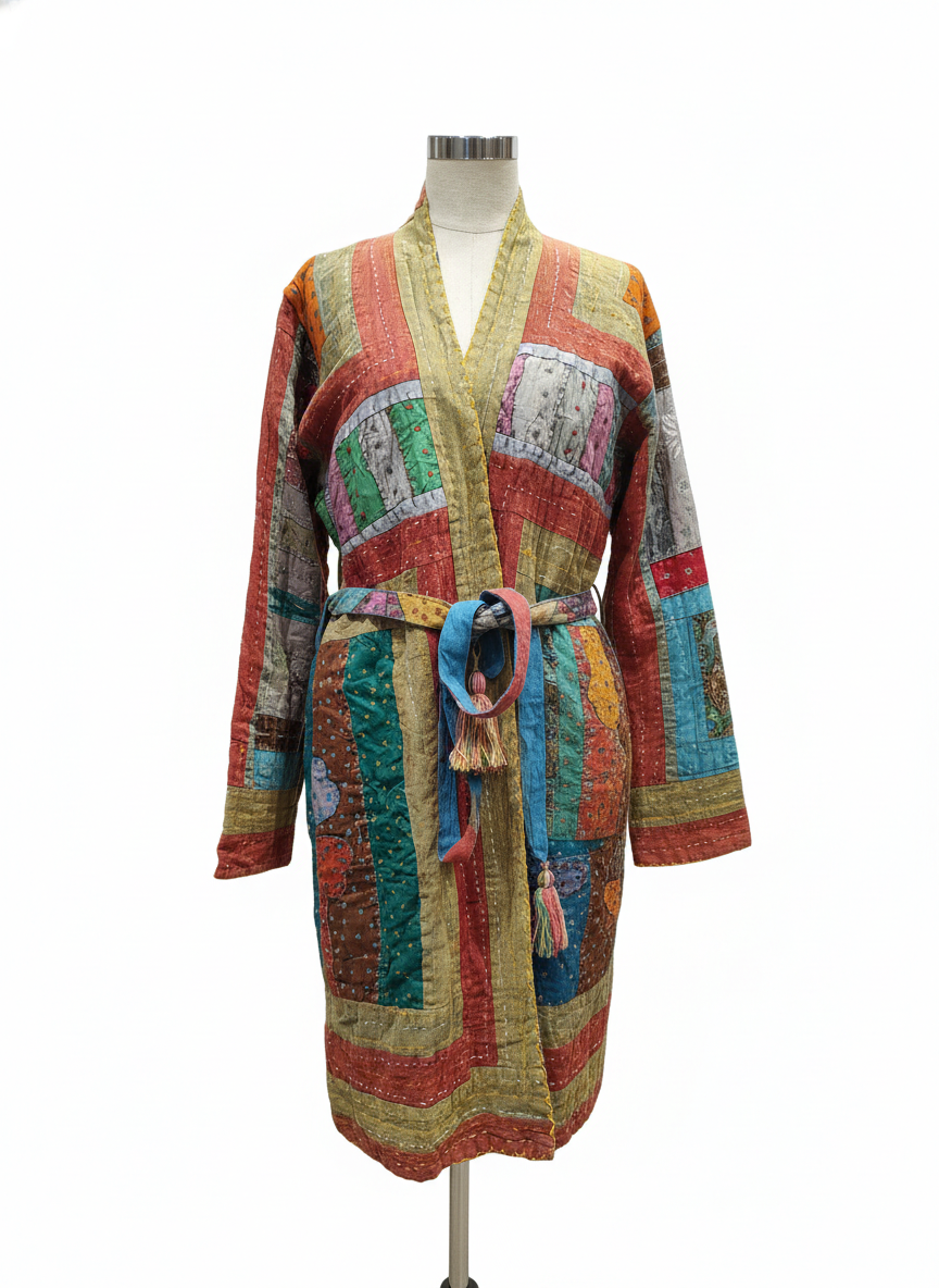 Kimono patchwork multicolor estilo boho con mezcla de telas artesanales