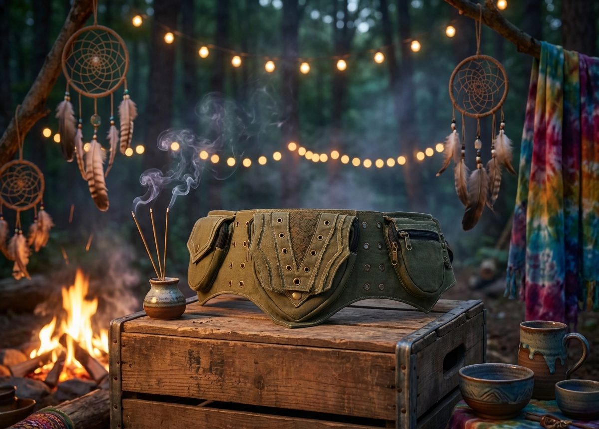 Riñonera verde multi-bolsillos con diseño hippie y detalles artesanales