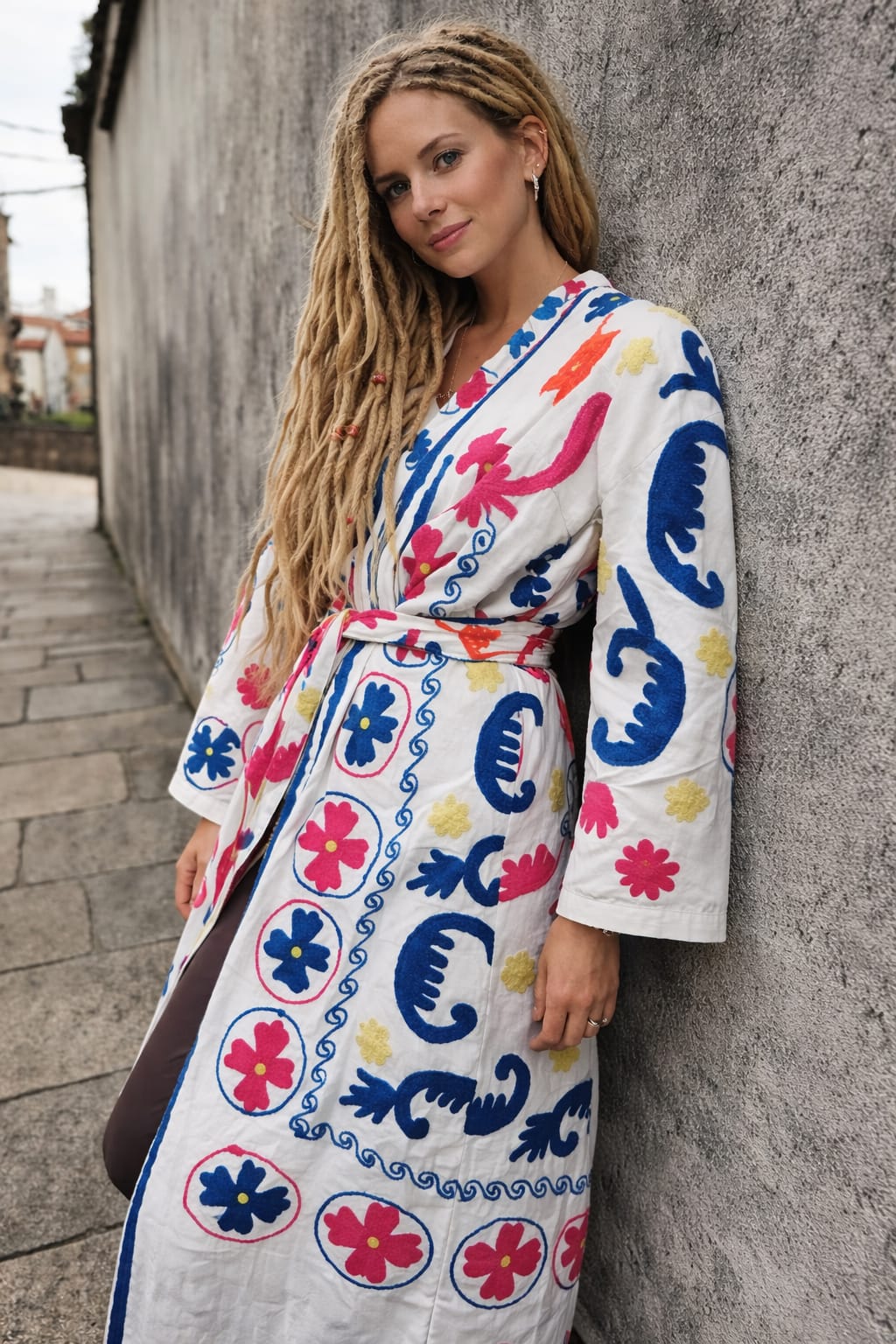 Kimono Blanco Bordado Azul - Estilo Boho